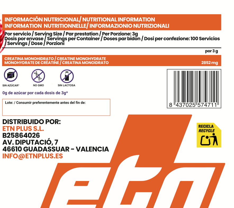 Creatina Monohidrato 200 Mesh Sabor Piruleta ETN+ | 300g