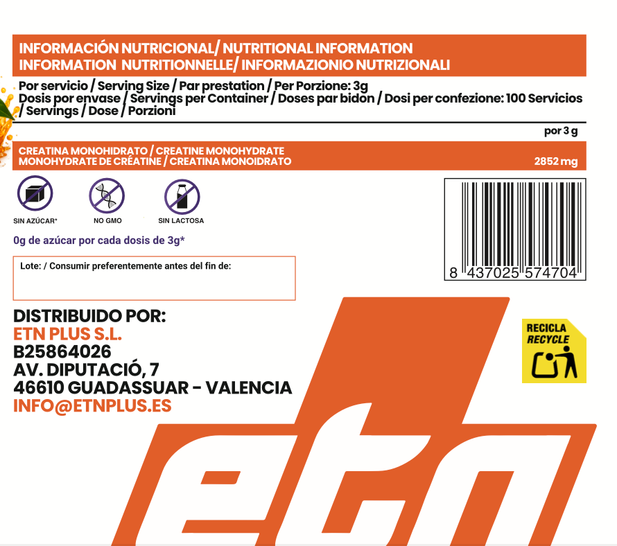 Creatina Monohidrato 200 Mesh Sabor Naranja ETN+ | 300g