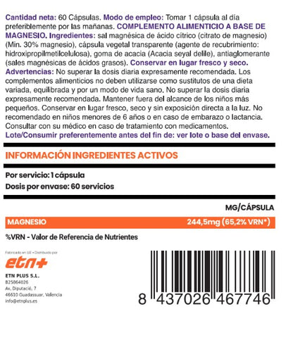 Magnesio Citrato | Máxima Absorción y Relajación Muscular (60 cápsulas)