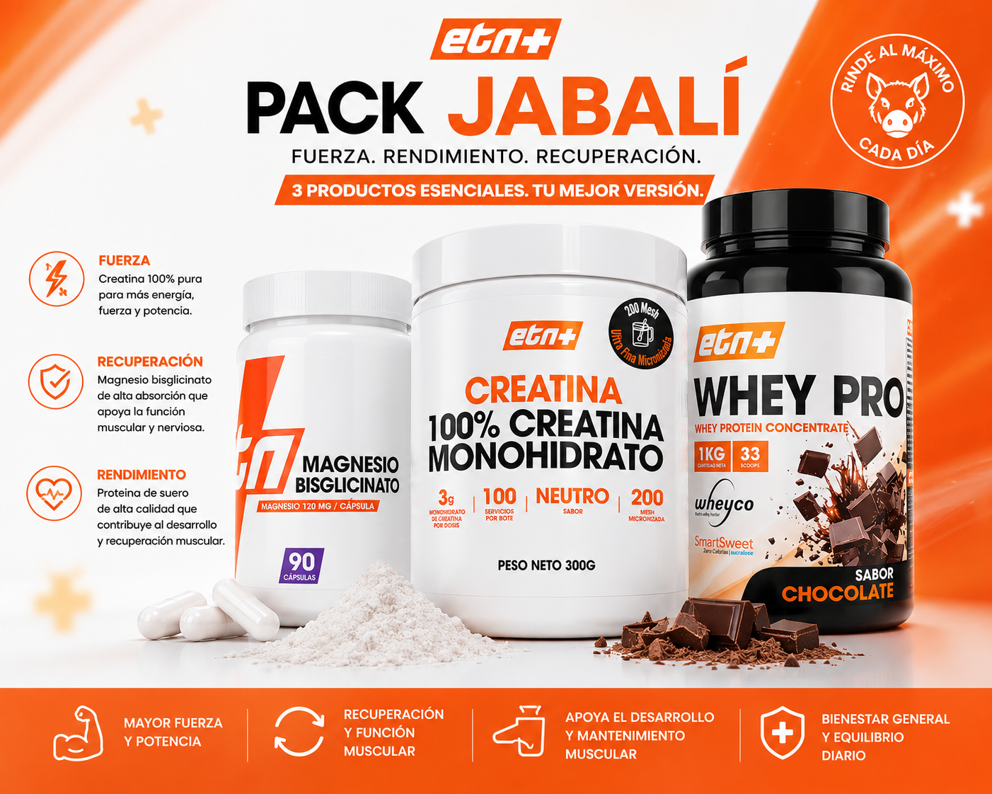 PACK JABALÍ - PROTEINA WHEY + CREATINA NEUTRA + MAGNESIO